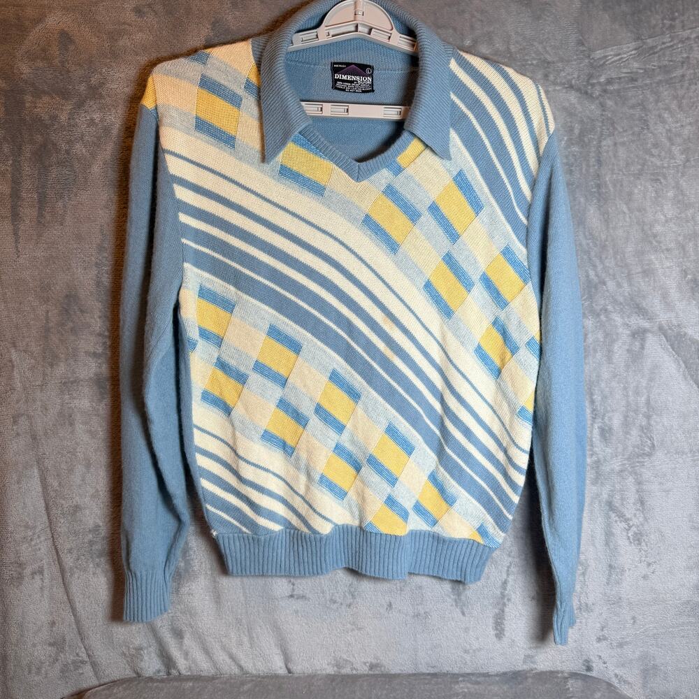 Vintage 70s Dimension Milford Sweater Mens L Blue Geometric Collared USA